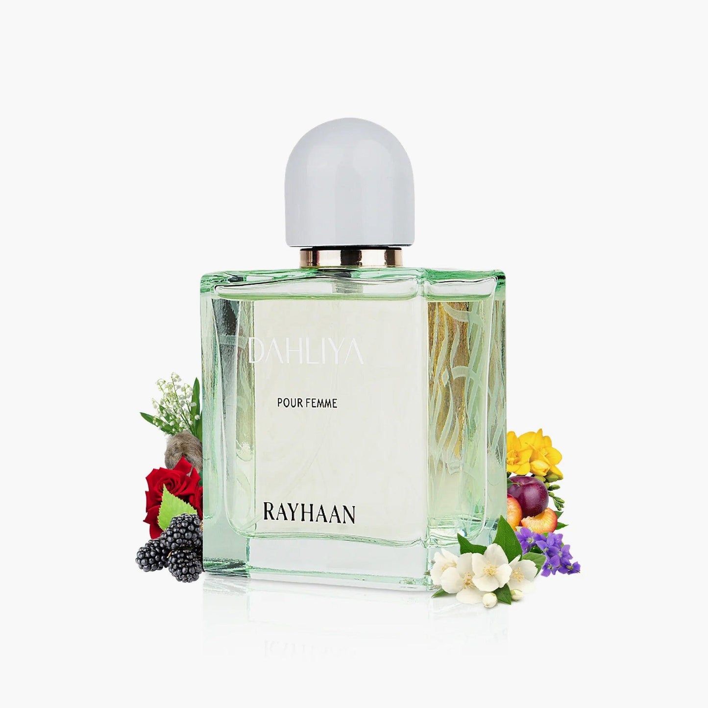Rayhaan Dahliya Pour Femme Eau De Parfum bottle with light green glass design surrounded by flowers, berries, and white blossoms on a white background