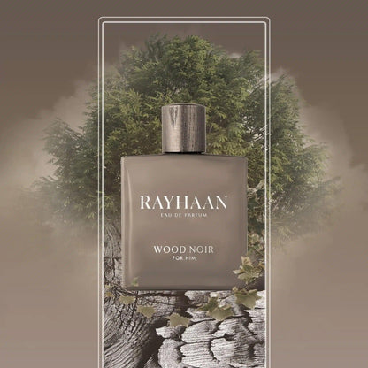 Rayhaan Wood Noir For Him Eau De Parfum bottle placed in front of a lush tree and wooden bark background, symbolizing earthy and woody tones