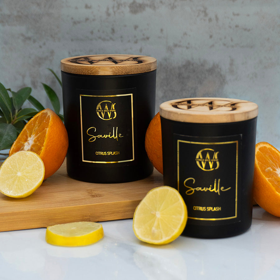 Candle Wick Store Saville Candle With Citrus Splash Scent Bottle and Packaging