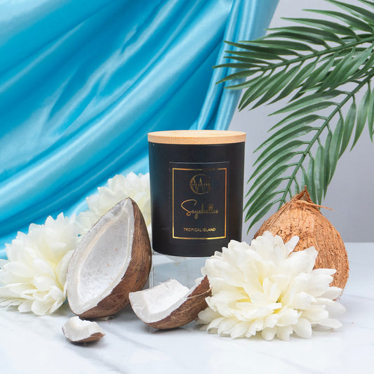 Candle Wick Store Seychelles Candle with Tropical Island Scent Bottle and Packaging