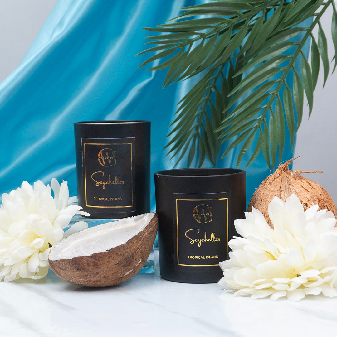 Candle Wick Store Seychelles Candle with Tropical Island Scent Back View
