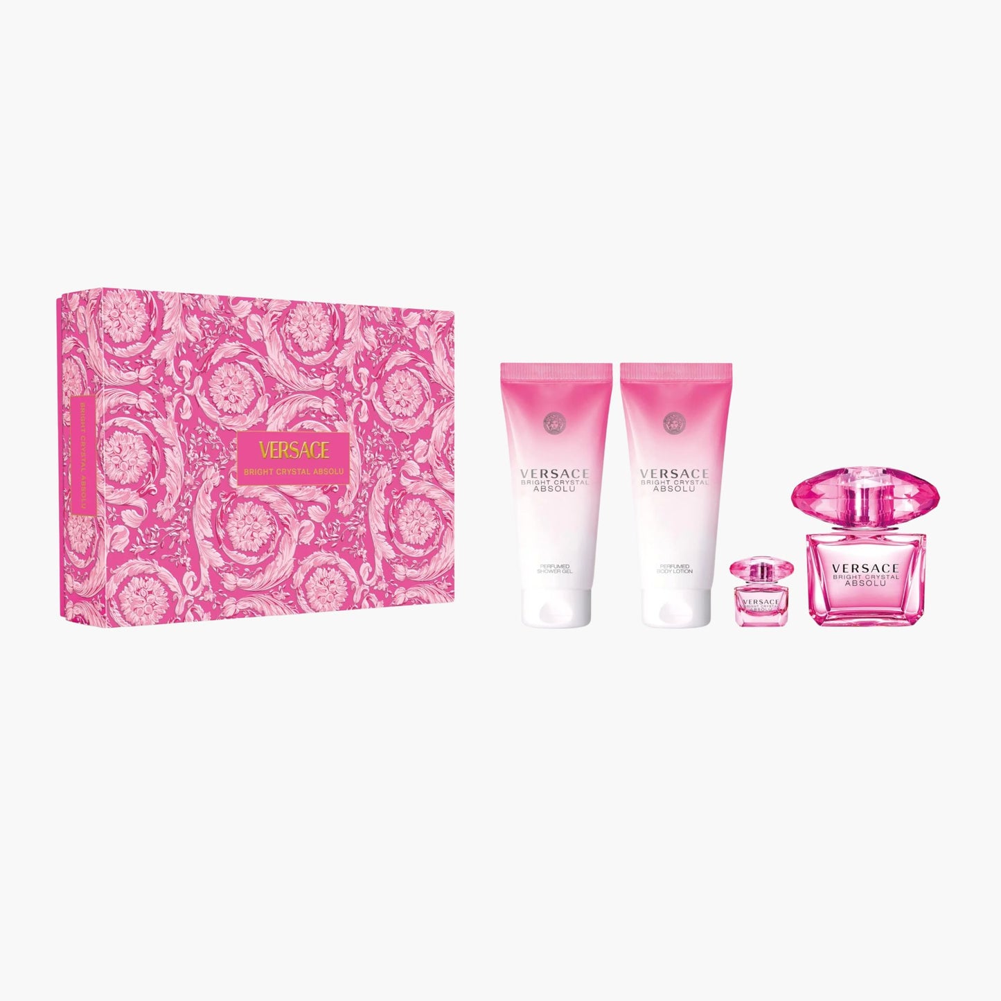 Versace Bright Crystal Absolu gift set with perfume, mini, and lotions in pink floral box