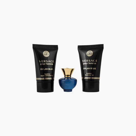 Versace Dylan Blue Pour Femme gift set with perfume, shower gel, and lotion in black and gold packaging.