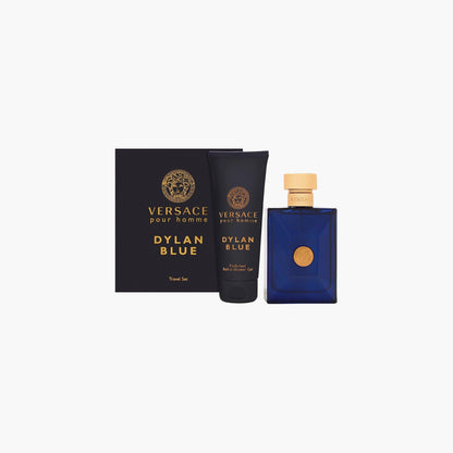 Versace Pour Homme Dylan Blue Travel Set with Eau De Toilette and Bath & Shower Gel, packaged in a black box with gold accents