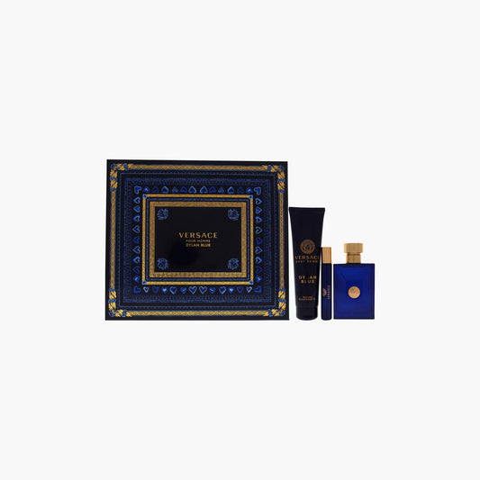 Versace Dylan Blue gift set with cologne, lotion, and travel spray in blue and gold box