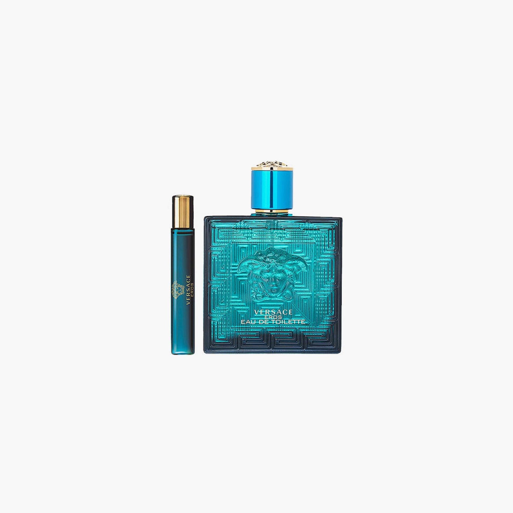 Versace Eau De Toilette fragrance set with full-size bottle and travel spray, both in vibrant blue packaging featuring the Versace logo