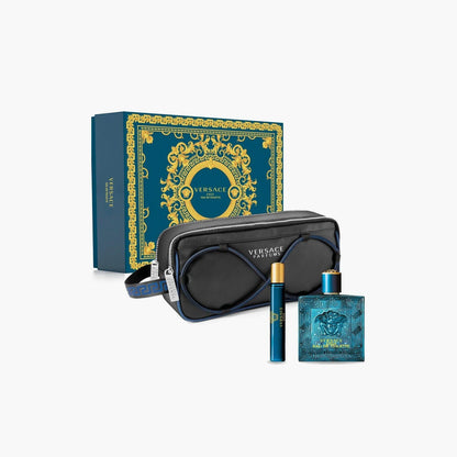 Versace Pour Homme Eau De Toilette set with full-size perfume, travel spray, and sleek black cosmetic case, all in a vibrant blue and gold gift box