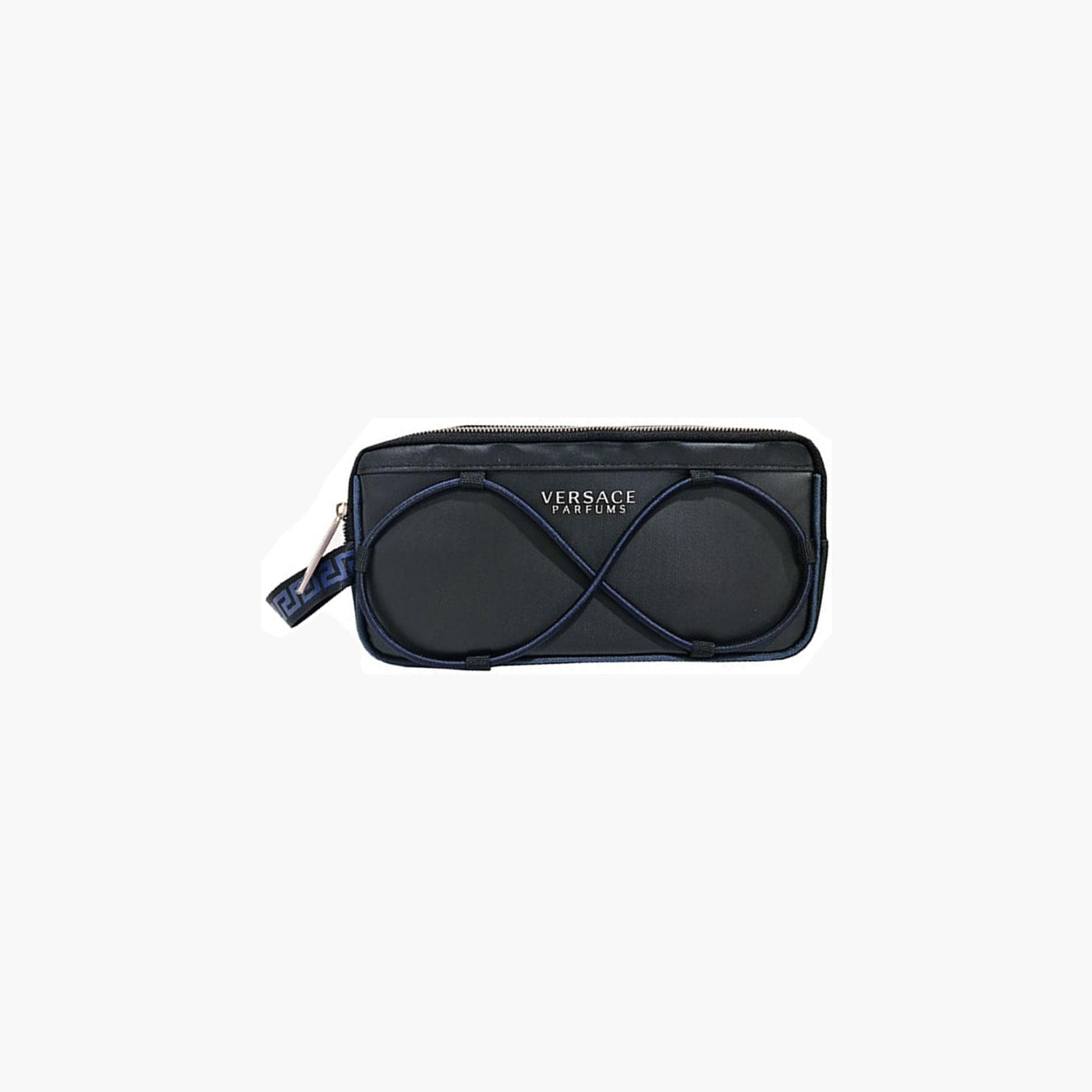 Versace Pour Homme black cosmetic case with blue detailing and the Versace logo, featuring a stylish design with an infinity symbol pattern