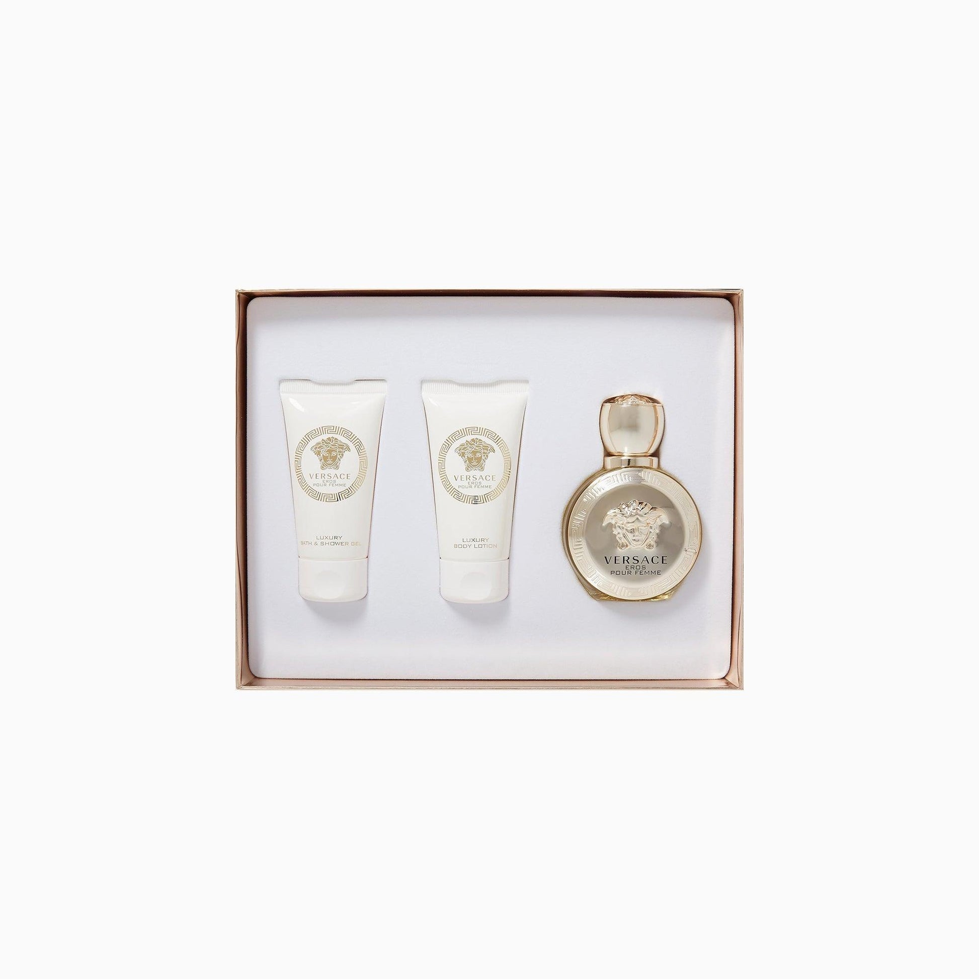 Versace Bright Crystal fragrance set with Eau De Toilette, body lotion, and shower gel in white and gold packaging, presented in a simple gift box