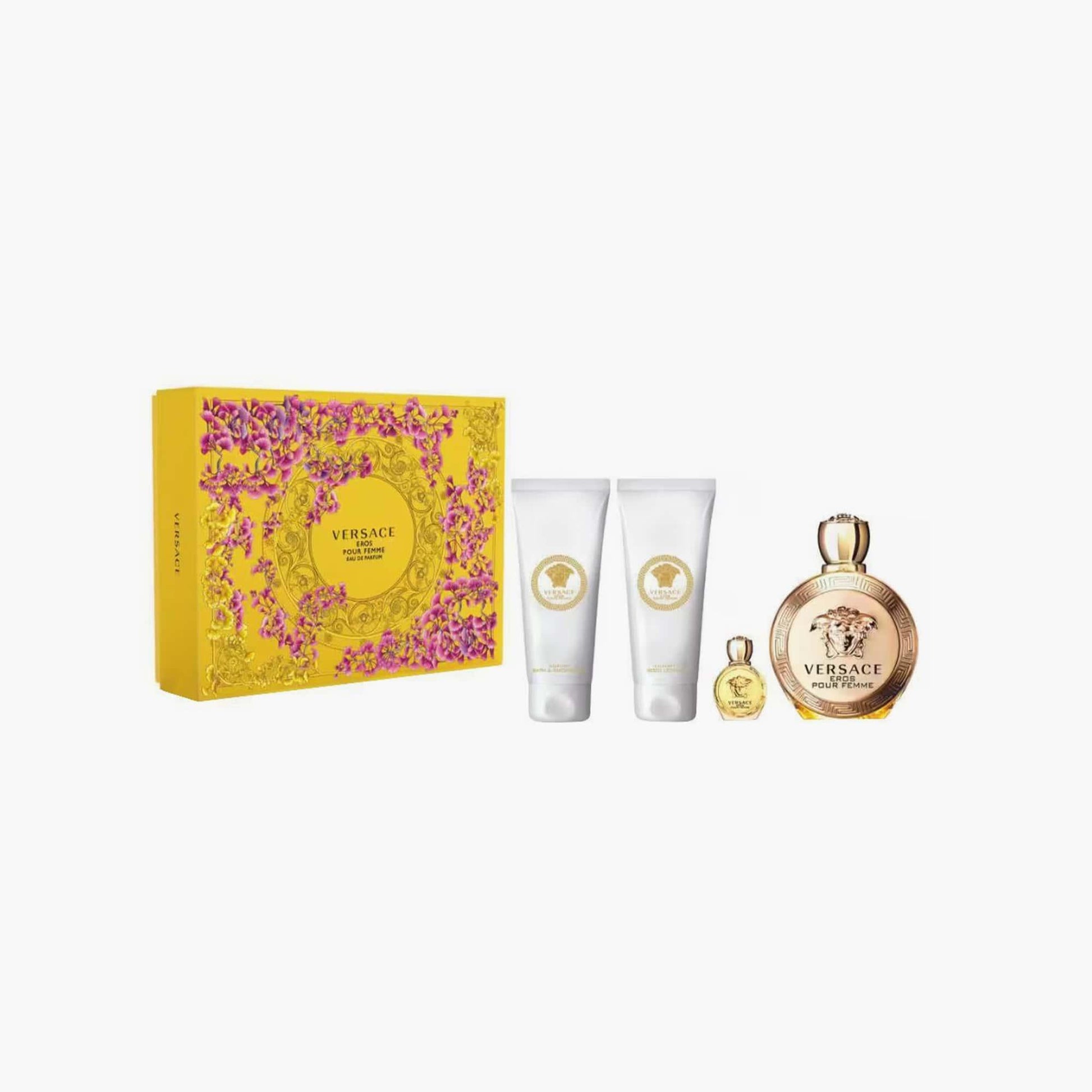 Versace Bright Crystal gift set with perfume, mini, lotions, and yellow floral gift box