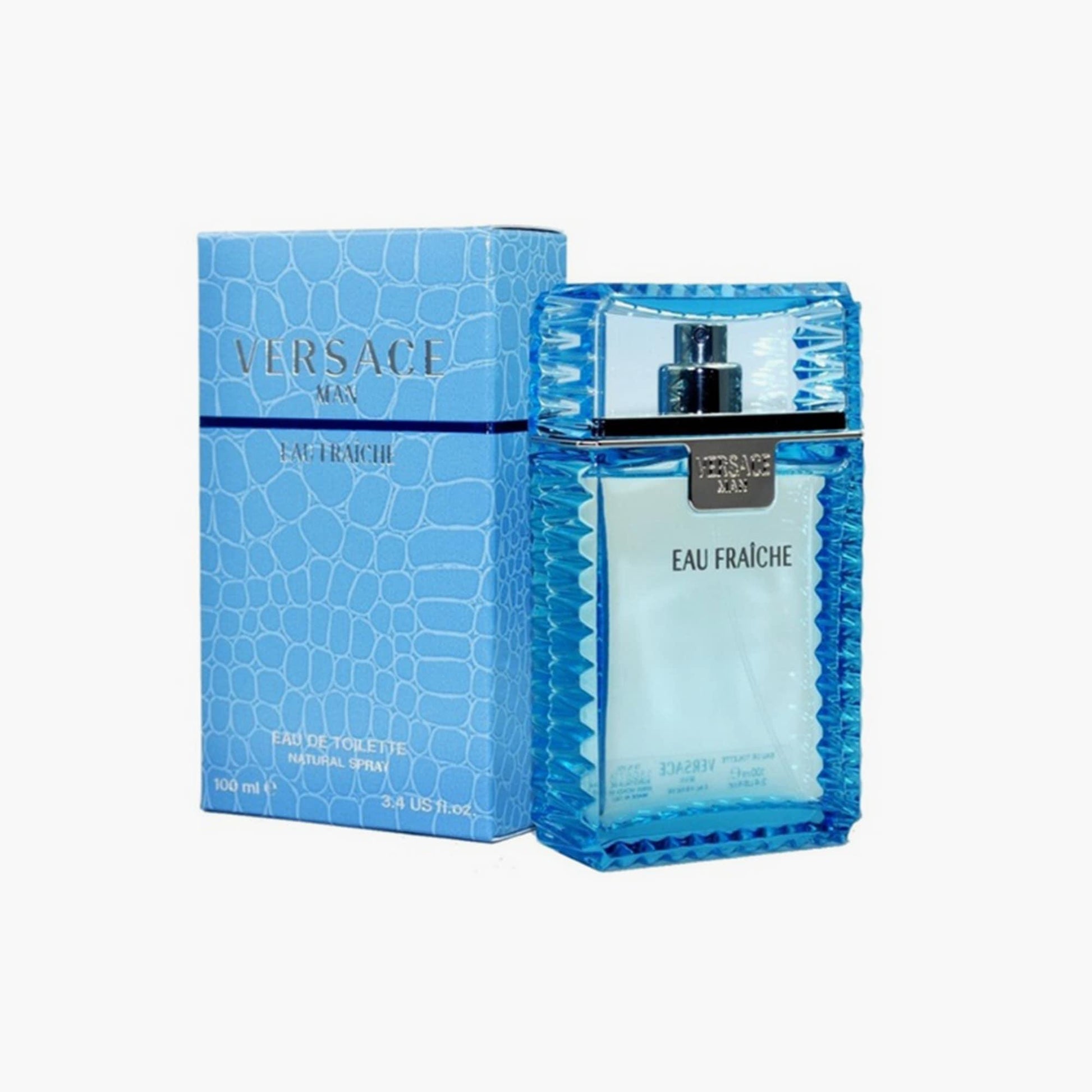 Versace Man Eau Fraiche Eau de Toilette Tester 100ml Bottle and Box with White Background
