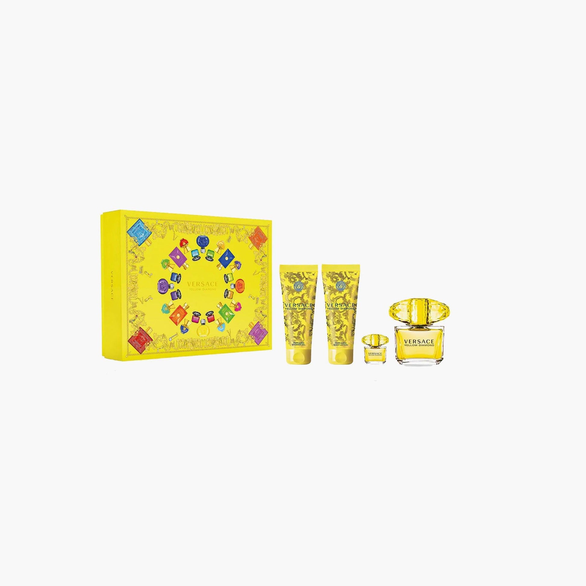 Versace Yellow Diamond fragrance set with Eau De Toilette, body lotion, and shower gel in colorful packaging, presented in a bright yellow gift box
