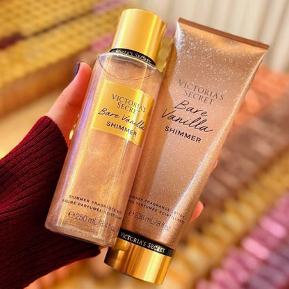 Victorias Secret Bare Vanilla Shimmer mist and lotion set on golden background