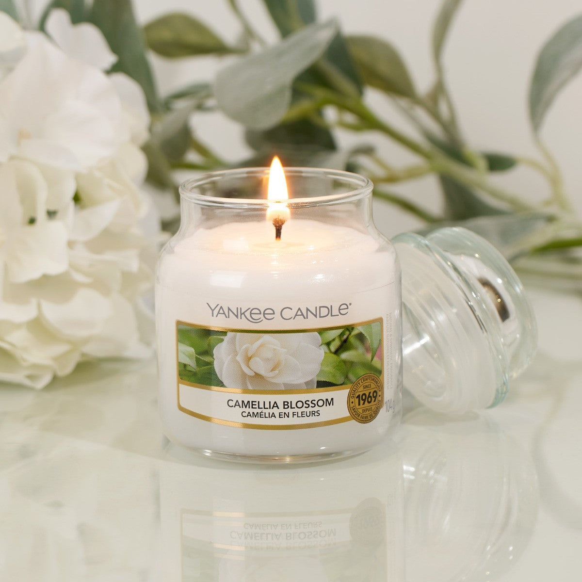 Yankee Candles Yankee Camellia Blossom Scented Candle Bottle and Packaging