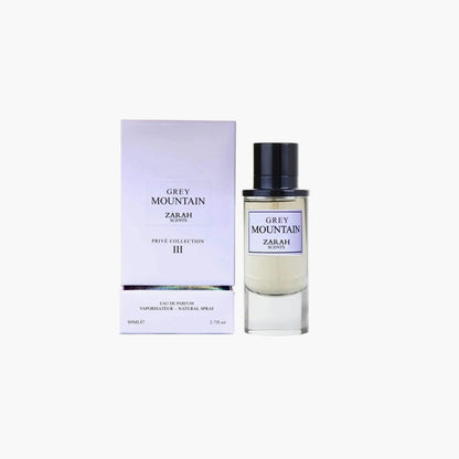Zarah Scents Grey Mountain Prive Collection III Eau de Parfum 80ml Bottle and Box